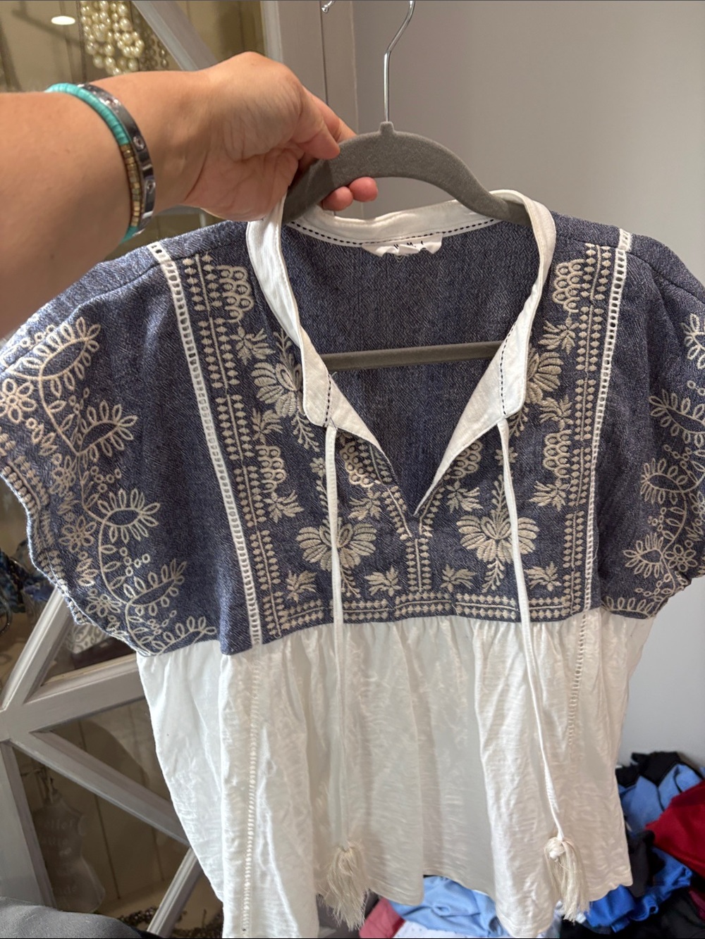 THML Embroidered Boho Peasant Top - Black & Cream